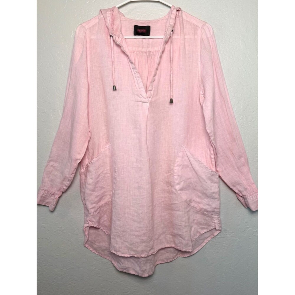 Forcynthia Beachwear Pastel Pink Linen Hooded Tunic Beach Coverup Size L - Picture 4 of 11